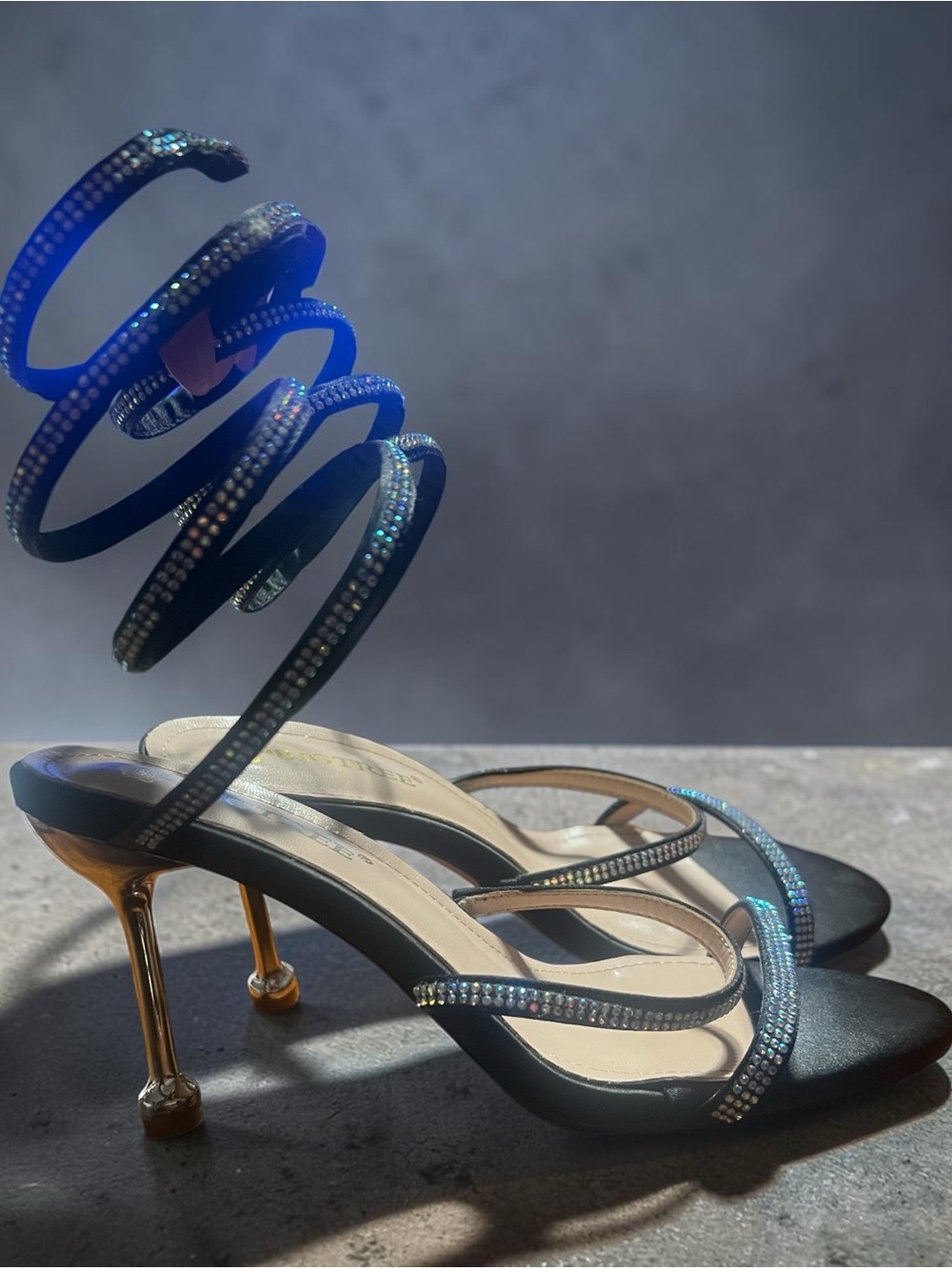 Black Crystal Spiral-Strap Stiletto Sandals
